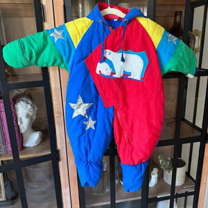 Vintage baby snowsuit jumpsuit polar bear mittens footies hoodie boy 80s skiing